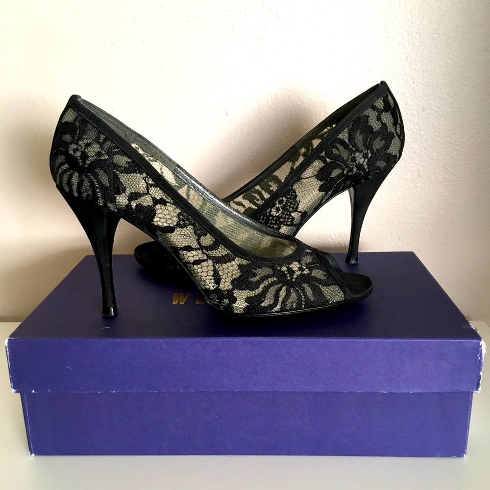 Stuart Weitzman ‘Lingerie’ black guipure lace open-toe stiletto pumps, 7.5